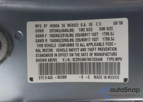 2008 Honda Cr-V Ex from USA, damaged, VIN 3CZRE48578G703449